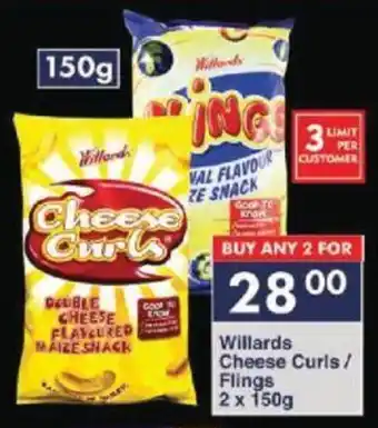 President Hyper Willards Cheese Curls/ Flings 2 x 150g offer