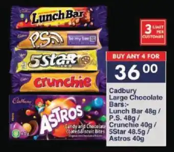 President Hyper Cadbury Large Chocolate Bars Lunch Bar 48g/ P.S. 48g/ Crunchie 40g/ 5Star 48.5g/ Astros 40g offer