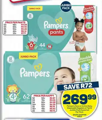 Pick n Pay Hypermarket Pampers New or Active Baby Disposable Nappies or Pants Jumbo Pack Assorted Per Pack offer