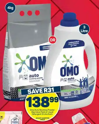 Pick n Pay Hypermarket Omo Auto Washing Powder 4kg Value Pack or Liquid Detergent 3 Litre Each offer