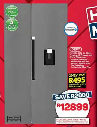 Pick n Pay Hypermarket DEFY Metallic Side-by-Side Fridge with Freezer and Water Dispenser offer