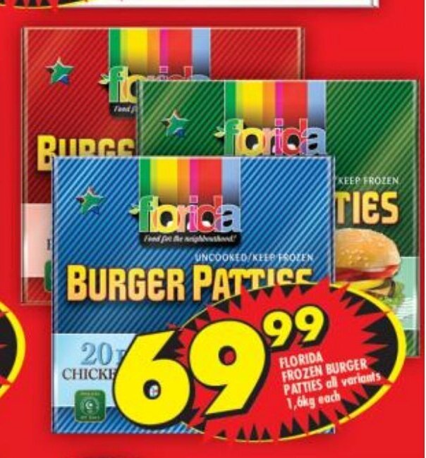 Florida Frozen Burger Patties All Variants 1.6kg each offer at Shoprite