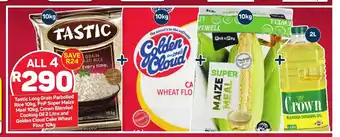 Pick n Pay Tastic Long Grain Parboiled Rice 10kg, PnP Super Maize Meal 10kg, Crown Blended Cooking Oil 2 Litre and Golden Cloud Flour 10 offer