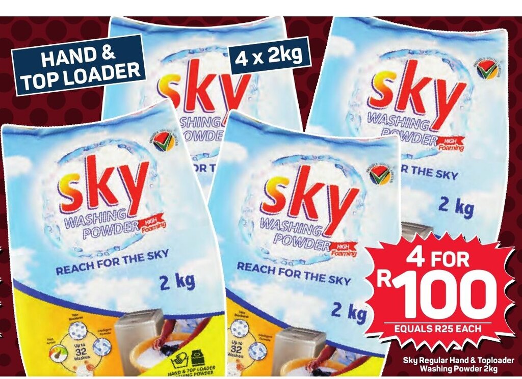 Sky Regular Hand & Toploader Washing Powder 2kg offer at Pick n Pay