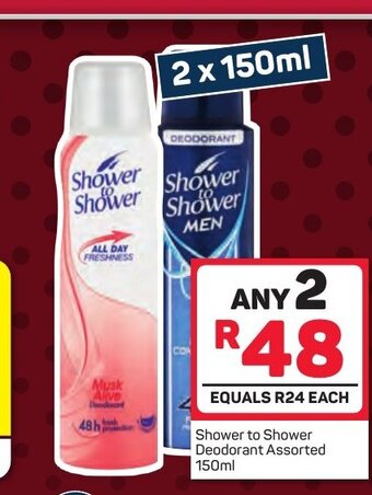 Pick n Pay Shower to Shower Deodorant Assorted 150ml offer