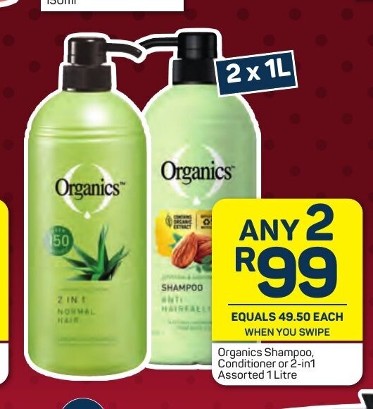 Organics Shampoo, Conditioner or 2in1 Assorted 1litre offer at Pick n Pay