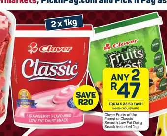 Pick n Pay Clover Fruits of the Forest or Classic Smooth Low Fat Dairy Snack Assorted 1kg offer