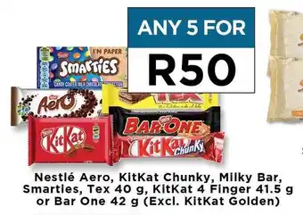 Food Lover's Market Nestlé Aero, KitKat Chunky, Milky Bar, Smarties, Tex 40g, KitKat 4 Finger 41.5g or Bar One 42g offer