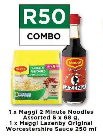 Food Lover's Market 1 x Maggi 2 Minute Noodles Assorted 5 x 68g, 1 x Maggi Lazenby Original Worcestershire Sauce 250ml offer