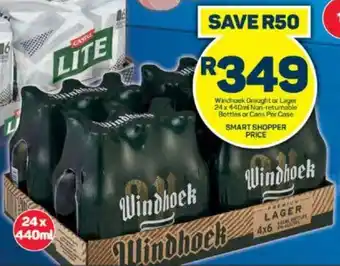 Pick n Pay Windhoek Draught or Lager 24 x 440ml Non-returnable Bottles or Cans Per Case offer