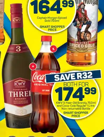 Pick n Pay Liquor KWV 3-Year-Old Brandy 750ml and Coca-Cola Regular 1 Litre Non-returnable Bottle offer