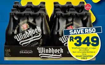 Pick n Pay Liquor Windhoek Draught or Lager 24x440ml Non-returnable Bottles or Cans offer