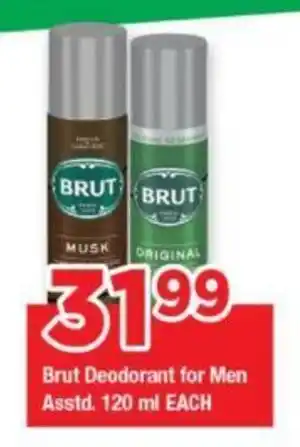 OK Grocer Brut Deodorant for Men Assid. 120ml EACH offer