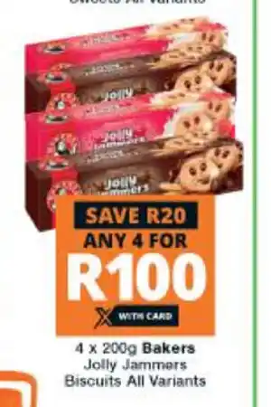 Checkers Bakers Jolly Jammers Biscuits All Variants 4 x 200g offer