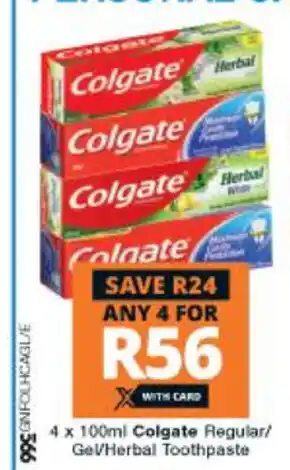 Checkers Colgate Regular / Gel / Herbal Toothpaste 4 x 100ml offer