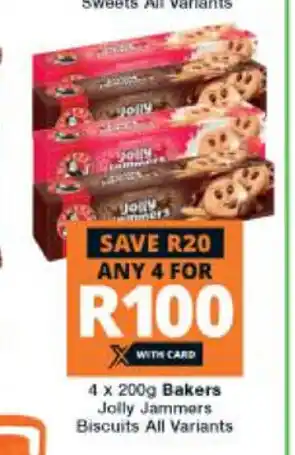 Checkers Hyper Bakers Jolly Jammers Biscuits All Variants 4 x 200g offer