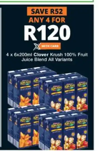 Checkers Hyper Clover Krush 100% Fruit Juice Blend All Variants 4 x 6x200ml offer