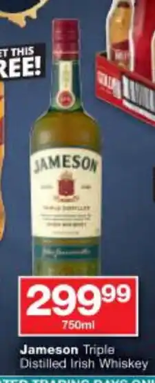 Checkers Jameson Triple Distilled Irish Whiskies 750ml offer