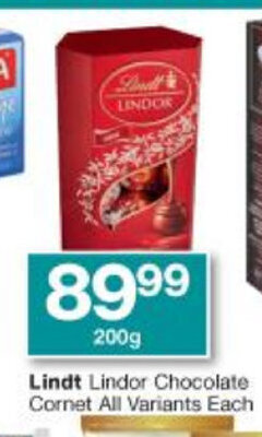 Lindt Lindor Chocolate Cornet All Variants each 200g offer at Checkers