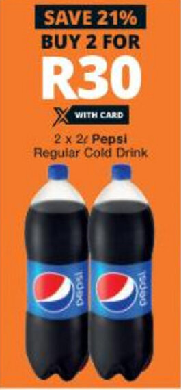 Checkers Pepsi Regular Cold Drink 2 x 2L offer
