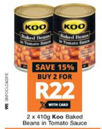Checkers Koo Baked beans in Tomato Sauce 2 x 410g offer