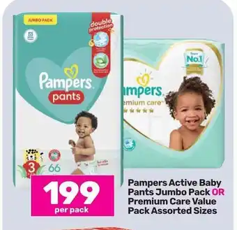 Game Pampers Active Baby Pants Jumbo Pack OR Premium Care Value Pack Assorted Sizes offer