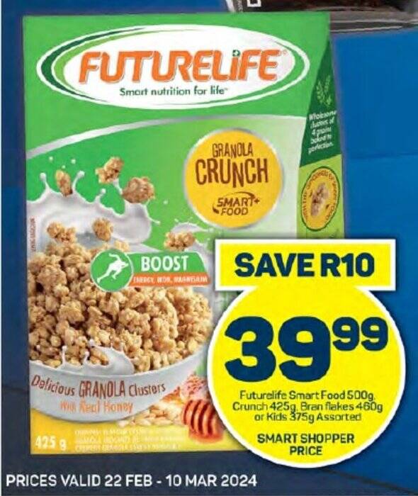 Futurelife Smart Food 500g, Crunch 425g, Bran flakes 460g or Kids 375g ...