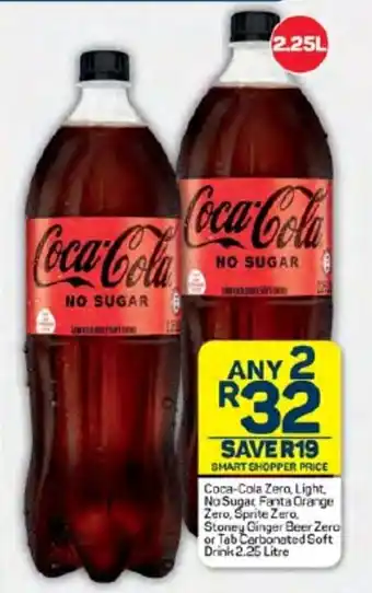 Coca-Cola Zero, Light, No Sugar Fanta Orange Zero, Sprite Zero, Stoney Ginger Beer Zero or Tab Carbonated Soft Drink 2.25L