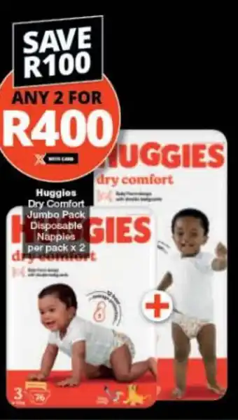 Checkers Huggies Dry Comfort Jumbo Pack Disposable Nappies per pack x 2 offer
