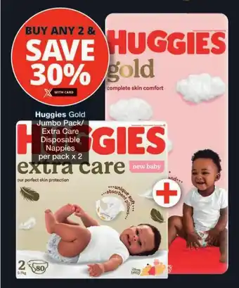 Checkers Huggies Gold Jumbo Pack/ Extra Care Disposable Nappies per pack x 2 offer