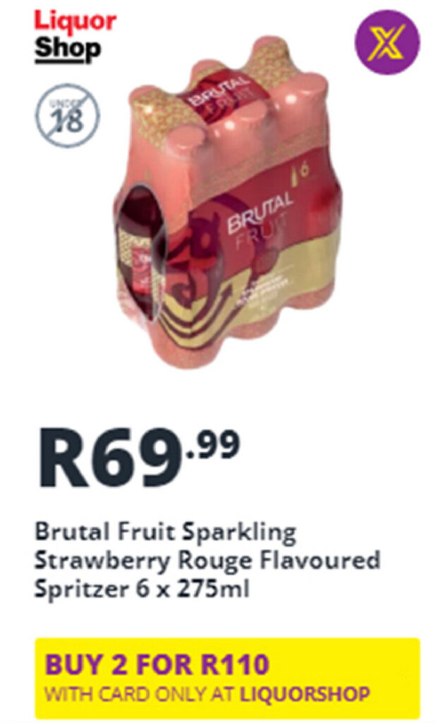 Brutal Fruit Sparkling Strawberry Rouge Flavoured Spritzer 6x275ml offer at Shoprite Liquor