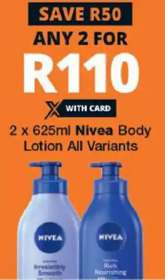 Checkers Nivea Body Lotion 2x625ml offer