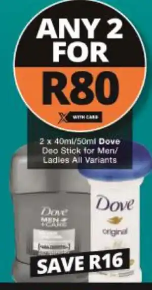 Checkers Dove Deo Stick for Men / Ladies All Variants 2 x 40ml/50ml offer