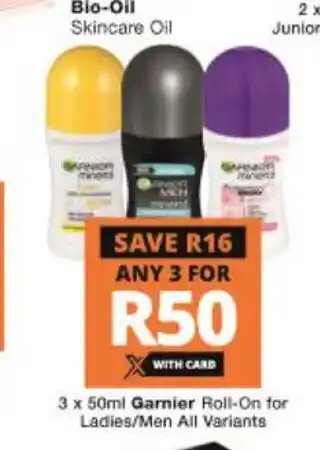 Checkers Garnier Roll-On for Ladies/Men All Variants 3 x 50ml offer