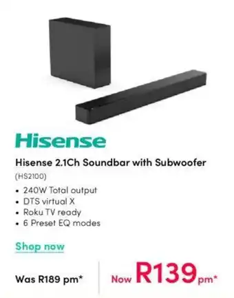 Teljoy Hisense 2.1Ch Soundbar with Subwoofer offer