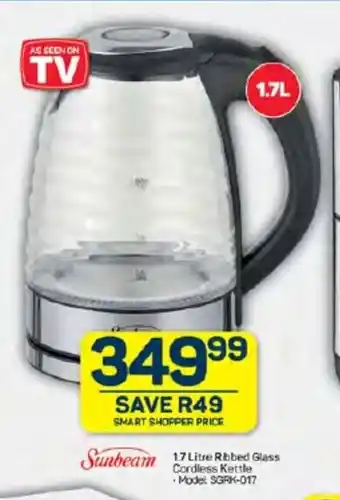 Pick n Pay Hypermarket Sunbeam 1.7 Litre Ribbed Glass Cordless Kettle offer