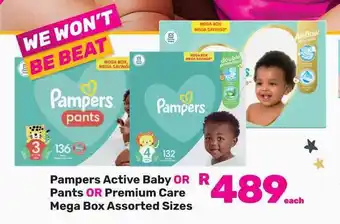 Game Pampers Active Baby OR Pants OR Premium Care Mega Box Assorted Sizes offer