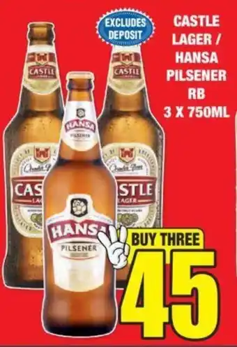 Boxer Liquors CASTLE LAGER/ HANSA PILSENER RB 3 X 750ML offer