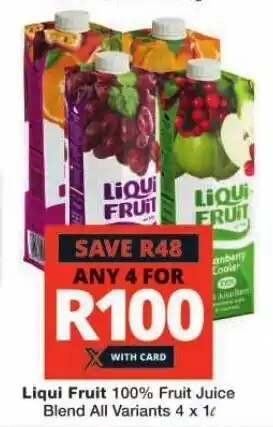 Checkers Liqui Fruit 100% Fruit Juice Blend All Variants 4 x 1L offer