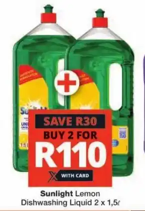 Checkers Sunlight Lemon Dishwashing Liquid 2 x 1,5L offer
