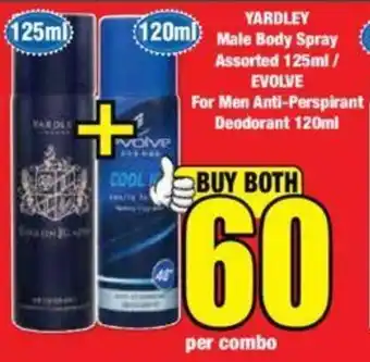 Boxer YARDLEY Male Body Spray Assorted 125ml/ EVOLVE For Men Anti-Perspirant Deodorant 120ml offer
