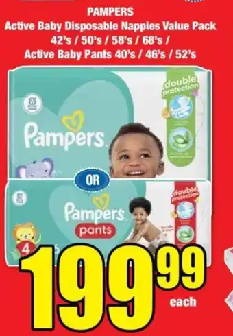 PAMPERS Active Baby Disposable Nappies Value Pack 42's/ 50's/58's/ 68's/ Active Baby Pants 40's/ 46's/ 52's
