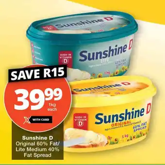 Checkers Sunshine D Original 60% Fat/ Lite Medium 40% Fat Spread offer