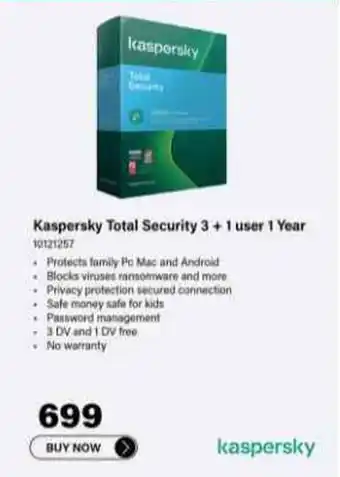 Incredible Connection Kaspersky Total Security 3 + 1 user 1 Year offer