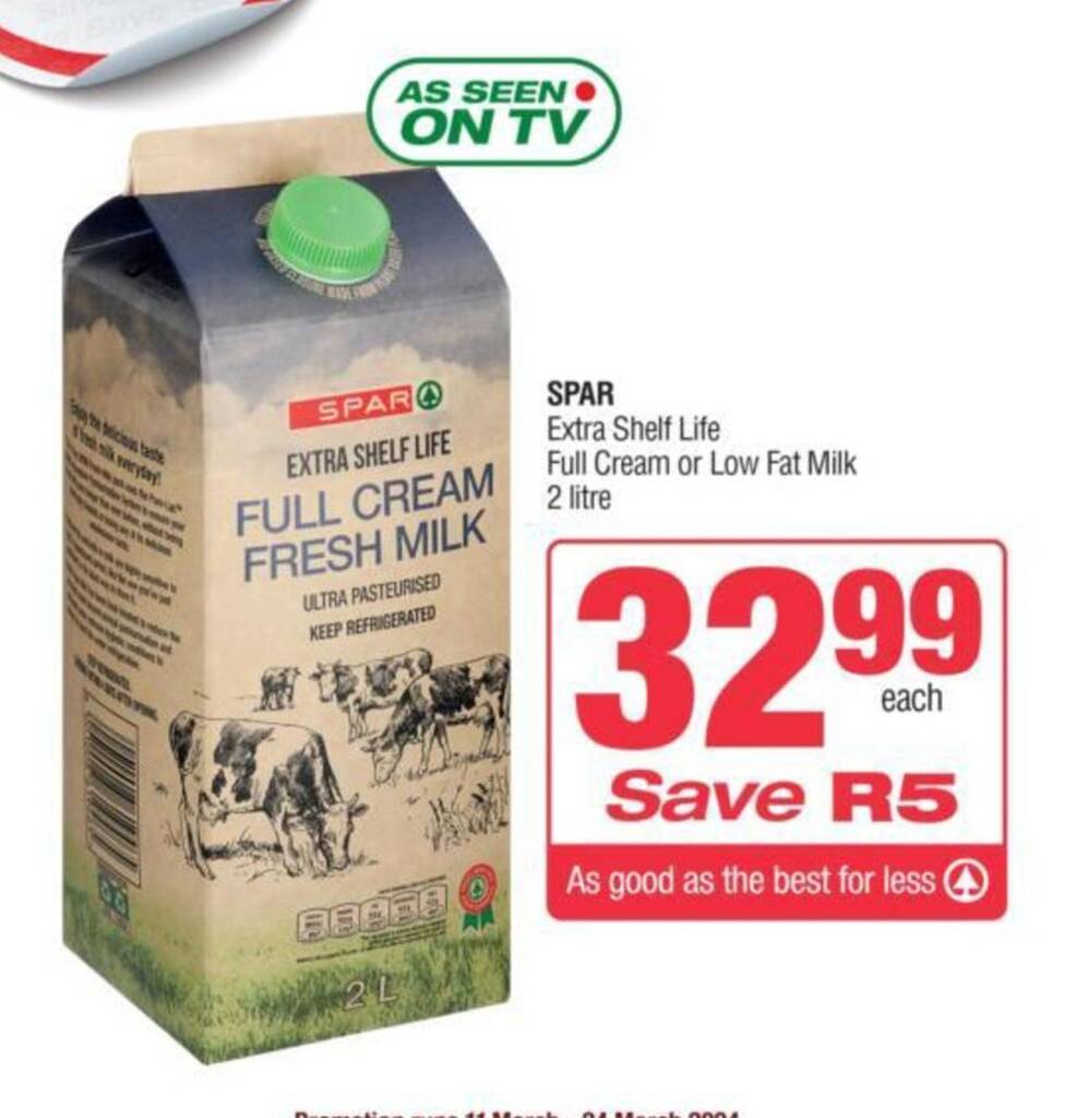 SPAR Extra Shelf Life Full Cream or Low Fat Milk 2 litre offer at Spar