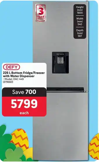 Makro DEFY 226 L Bottom Fridge/Freezer with Water Dispenser offer