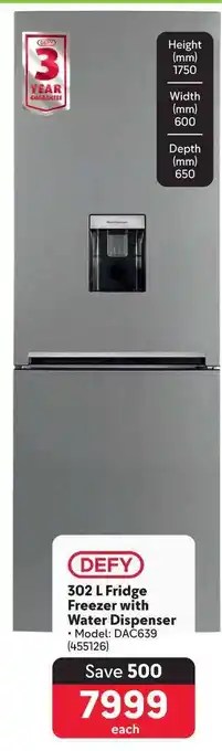 Makro DEFY 302 L Fridge Freezer with Water Dispenser offer