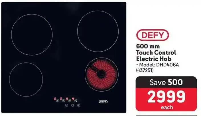 DEFY 600 mm Touch Control Electric Hob offer at Makro