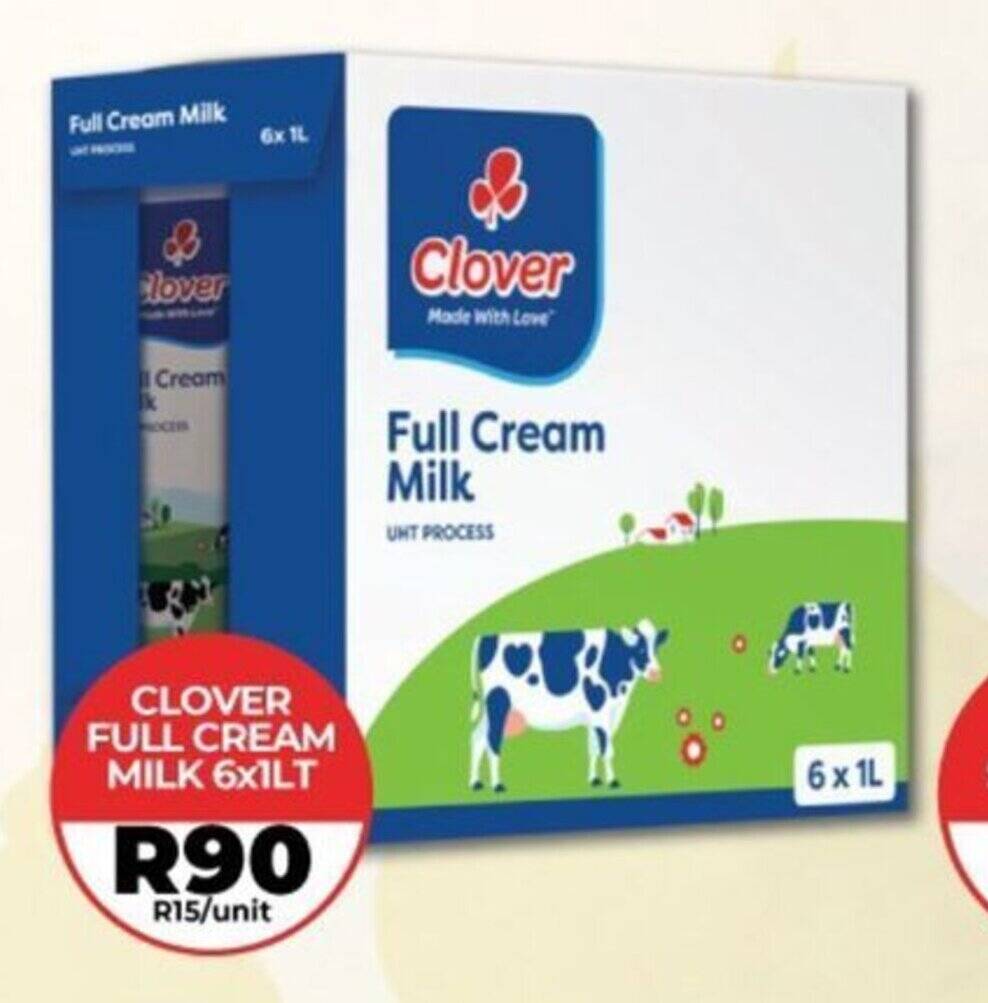 CLOVER FULL CREAM MILK 6X1LT offer at 1UP