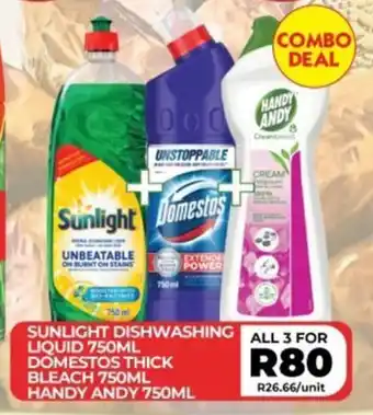1UP SUNLIGHT DISHWASHING LIQUID 750ML DOMESTOS THICK BLEACH 750ML HANDY ANDY 750ML offer